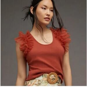 Bailey 44 Top Sleeveless Tulle L NWT Sleeves Ruffle Ribbed Stretch Knit Orange
